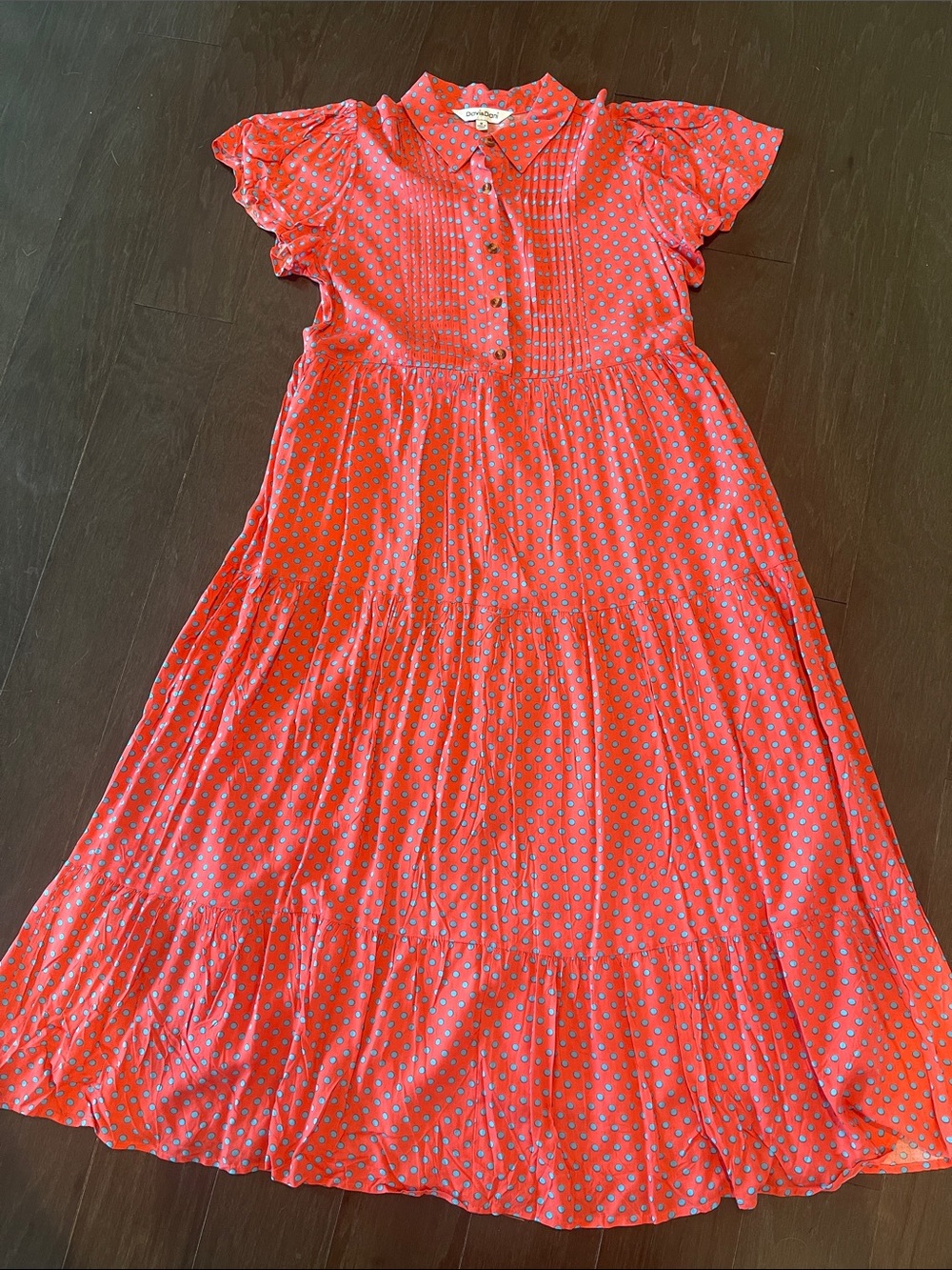 Salmon colored dress with blue dots. Button-Front Tiered Dress